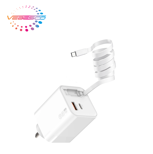65W Gan UK USB-C Wall Charger with Retractable Cable Type-C Adapter QC2.0 SCP PD3.1 Functions 5V3A Output for Laptop