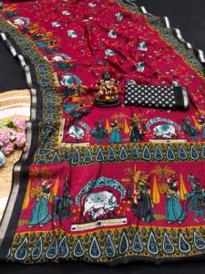 Saree en coton et lin doux avec imprimé floral et pallu imprimé est livré avec un chemisier imprimé avec bordure assortie - Product Image 3
