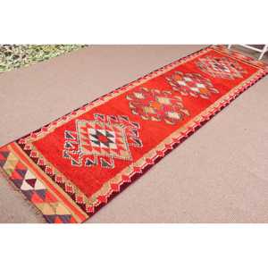 2.8x11 ft Vintage <b>Runner</b> Rug, <b>Red</b> Purple Turkish Patchwork Wool Rug - Product Image 2