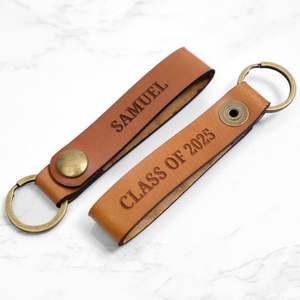 Custom Real Leather Graduation Keychain Personalized Graduate Gift for Men Handmade <b>Vintage</b> Style Embossed Initials - Product Image 1