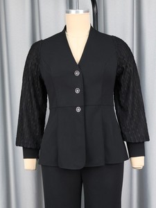 AM050918 Frühlings-Cardigan mit V-Ausschnitt, langen Laternenärmeln, tailliertem Schnitt, Rüschensaum, schwarz, formell, Damen-Bürobluse - Product Image 4