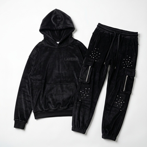 Conjunto Deportivo de Terciopelo Estampado con Lavado Ácido Negro para Hombre, Sudadera con Capucha y Cremallera con Pedrería, Estilo Y2K, Ropa Urbana, Grueso, de Lujo, para Invierno - Product Image 1