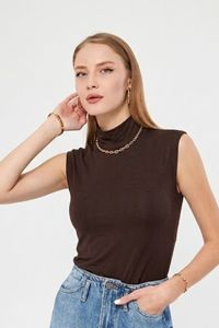 Top sin mangas de cuello alto para mujer, de punto, color liso, ajustado, mezcla de modal y elastano, estilo minimalista, para todas las estaciones - Product Image 4