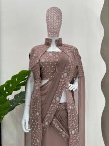 Nuevo diseñador Faux Georgette hilo con secuencia bordado trabajo Lehenga Saree volante drapeado Saree con encogimiento de hombros largo para mujeres - Product Image 4