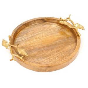 Bandeja de madera redonda ecológica con acabado de madera natural y asas de metal decorativas diseñadas en estilo de ramas y hojas - Product Image 3