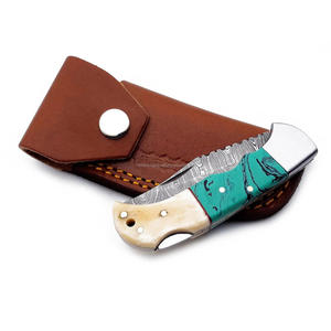 Hot Selling Damascus Steel Twist Pattern Folding <b>Knife</b> Back <b>Lock</b> Bone & Resin Handle Sheath Pocket EDC Camping OEM <b>Knife</b> - Product Image 6