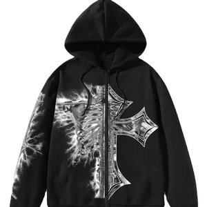 <b>Gothic</b> Zip-Up <b>Hoodie</b> Black With Silver Cross And Lightning Print Oversized Fit Regular Sleeve Knitted Polyester Autumn Style - Product Image 1