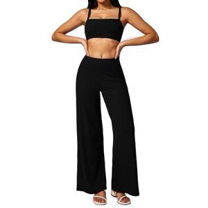 Conjunto Deportivo de Yoga para Mujer, Estilo Urbano, Cuello Cuadrado, Transpirable, Verano, Pierna Ancha, Cintura Elástica, Felpa, para Gimnasio - Product Image 4