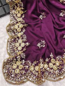 สีม่วงผ้าไหมนุ่มสารีเย็บปักถักร้อย Codding หลายเลื่อมทํางานออกแบบงานแต่งงานสวมใส่สารี, สวมใส่สารี - Product Image 6