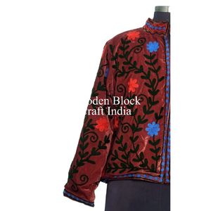 Trending Handmade Suzani Embroidery Knitted Cotton Velvet Winter Short <b>Quilted</b> <b>Jacket</b> for Women with Stripe Design - Product Image 3