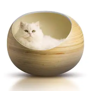 Coiled bamboo wood natural wooden spun bamboo pet bed handmade cat and dog house OEM accepted