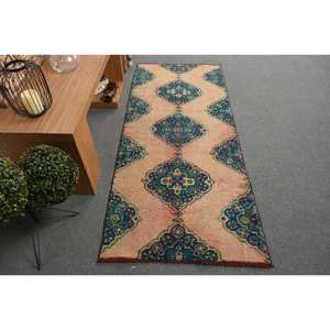 Alfombra de lana de retazos Vintage 2,9x6,7 pies tejido plano turco azul Beige alfombra de sala de estar con respaldo de látex - Product Image 1