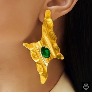 PRAO Women's Trendy Thunderbolt Emerald Stud Earrings Gold Plated Anti-Tarnish Fashion <b>Jewellery</b> Bulk Product Mainly Made <b>Brass</b> - Product Image 3