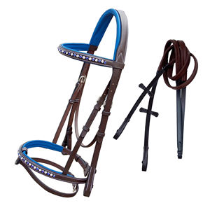บังเหียนม้าหนังอังกฤษอุปกรณ์ม้าอินเดียสายบังเหียนม้าบริดเดิ้ลสีฟ้าประกายวิบวับ - Product Image 1
