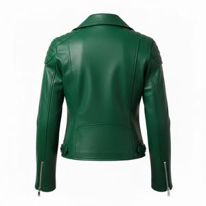 Factory Price Green Leather Jacket <b>Women</b> Motorbike Style Custom Wholesale Bulk Quantity Genuine Leather Biker <b>Coat</b> OEM Supply - Product Image 3