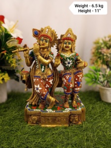 Ídolos de bronce de Radha Krishna hechos a medida con trabajo Meena multicolor ideal para templos caseros y adecuado para reventa - Product Image 4