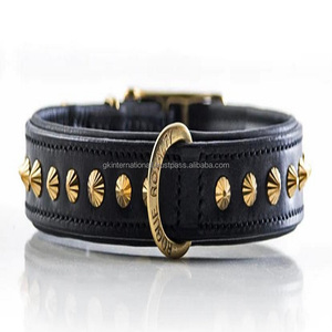 Collar de cuero acolchado hecho a mano para perro, collarín de diseñador para mascotas con tachuelas de diamante chapadas en latón, todos los tamaños - Product Image 5