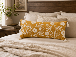 Handcrafted Eco-Friendly Mustard Wildflower Embroidered Cotton Lumbar <b>Pillow</b> Cover Decorative <b>Long</b> Accent Cushion <b>Case</b> Tassels - Product Image 6
