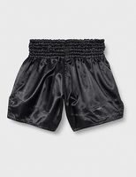Shorts de boxe Muay Thai personnalisés OEM, sublimés, respirants, noirs unis, taille élastique, entraînement arts martiaux, séchage rapide, extensibles, combat