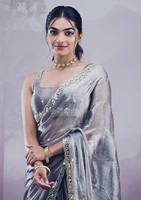 Bollywood Style Indian murni sutra lembut Saree dengan bordir renda perbatasan & blus potongan, pesta memakai saree.