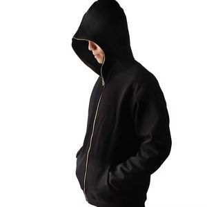 Sweat à capuche zippé surdimensionné en polaire 400 GSM le moins cher, sans cordon de serrage, OEM ODM, noir, uni, pour hommes - Product Image 5