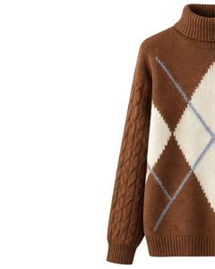 Customized Premium Men Turtleneck Argyle Knit Sweater Soft Warm <b>Cable</b> Sleeve Winter Pullover Casual Fashion Top Brown Blue Color - Product Image 3