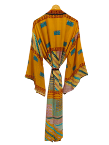 Bata de seda hasta el tobillo Bata multicolor Ropa de noche Bata India Vintage Seda reciclada Sari Kimono, - Product Image 4