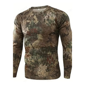 Camiseta de manga larga de camuflaje ajustada para hombre, poliéster elástico, malla transpirable, cuello redondo, estilo deportivo informal para invierno sólido - Product Image 1