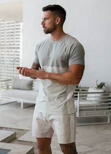 Haute exigence pierre légère personnalisée 2 pièces coupe ajustée panneaux contrastés ensemble t-shirt et short pour hommes entraînement de gymnastique plage et streetwear - Product Image 5
