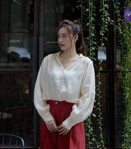 Ethereal Ramie Sway Blusa con cuello en V Flutter Manga Capa transparente Ecológico Plaid Tejido Rayón Algodón Lino Formal Suelto - Product Image 5