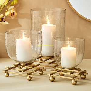 Lot de 3 bougeoirs en verre avec base en métal doré Pilier décoratif moderne Bougeoir votif pour mariage d'hôtel à la maison - Product Image 1