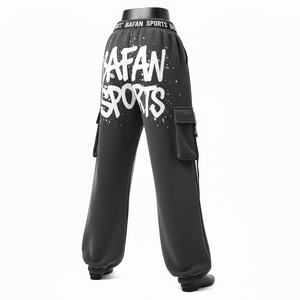 กางเกงขายาวทรงแบ็กกี้สำหรับผู้หญิง ผ้าฝ้ายผสมโพลีเอสเตอร์เนื้อฟลีซ 320 GSM สีดำ ดีไซน์คาร์โก้ พิมพ์ลายสกรีน โลโก้สั่งทำได้ มีจำหน่าย - Product Image 5