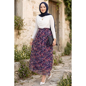 Navy Blue Floral Patterned <b>Elastic</b> Waist Chiffon Tulle <b>Skirt</b> with Soft Print Decoration - Product Image 1