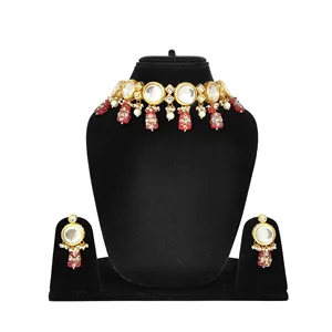 Vintage Red Kundan <b>Studded</b> Meenakari Necklace Set Stainless Steel Fine Bridal Jewelry with Pearl and Diamond for Gifts - Product Image 1
