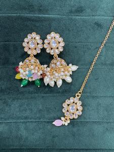 Ensemble de colliers Kundan vintage, bijoux indiens, ensemble de mariage perlé avec perle, motif cloche, boucles d'oreilles, mode en gros - Product Image 2