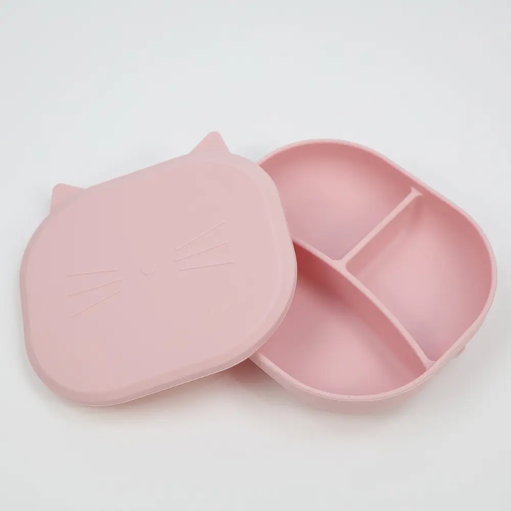 Cat design PBA free suction dinner tray plate with lid Divided Silicone Suction Plates for toddlers