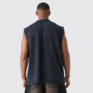 Camiseta sin mangas de gimnasio personalizada para hombre, Camiseta de punto de algodón de gran tamaño con chaleco sin mangas lavado con ácido, estilo informal con estampado personalizado - Product Image 3
