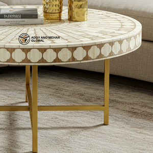 Mesa de Centro Redonda Moderna con Incrustaciones de Hueso Beige y Patrón Floral, Base de Metal Dorado, Muebles para Sala de Estar, Alta Demanda - Product Image 5