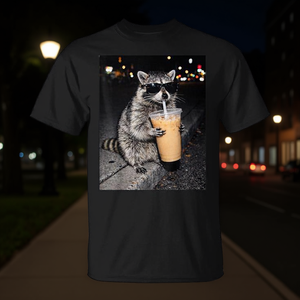T-shirt Grafica con Procione che Beve Caffè Freddo, Abbigliamento Promozionale con Meme Animale - Product Image 3
