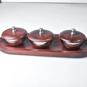 Set of 3 Acacia Wood Decorative Serving Bowls with Shiny <b>Lacquer</b> Finish <b>Metal</b> Knob Tray Wooden Bowl Acacia Wood <b>Metal</b> Knob Top - Product Image 1
