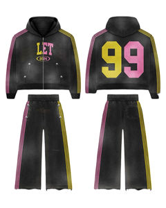 Coton français éponge à capuche lavage à l'acide soleil délavé Applique brodé décontracté rue Vintage en détresse XL piste hiver respirant - Product Image 1