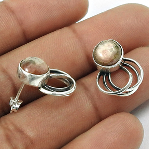 New Design Exquisite Boho <b>Earrings</b> With Round Shape Natural Rhodochrosite Gemstone In Bezel Set <b>Fine</b> Natural Stone <b>Studs</b> - Product Image 4