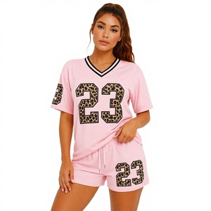 Women Pink Leopard Print Number 23 Two Piece Set Casual V Neck Short Sleeve T Shirt & Shorts Summer Sports Outfit - Product Image 1