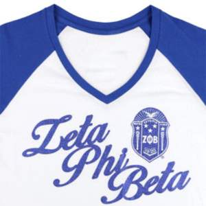 ZPB <b>V</b>-<b>Neck</b> Tee - <b>White</b> 100% Cotton Zeta Phi Beta <b>Shirt</b> with Glitter Printed Greek Letters & Shield Women Sorority Apparel - Product Image 2