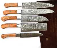 Juego de Cuchillos de Cocina de Acero de Damasco Hechos a Mano, 5 Piezas, con Mango de Madera, Incluye Bolsa de Cuero Gratis