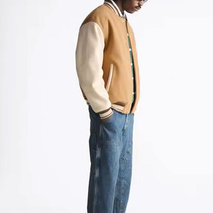 แจ็กเก็ตบอมเบอร์เบสบอลสำหรับผู้ชายเสื้อแจ็กเก็ตบอมเบอร์แขนสีขาวหนังแท้เสื้อแจ็คเก็ตขนแกะแนวสตรีท - Product Image 4