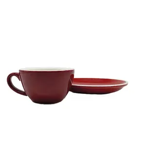 Hochwertiges spanisches Design mediterraner Keramik handgemachter Kaffee Flache weiße rote Tasse & Untertasse 150ml für Kaffee und Tee