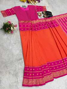 Sari de Seda Mysore Bicolor Naranja y Rosa, Largo hasta el Suelo, con Borde de Zari, Secado Rápido, Tradicional Indio, para Fiestas, para Mujer - Product Image 3
