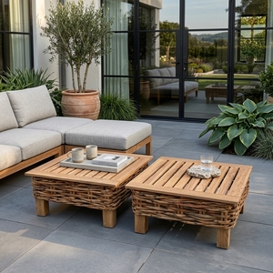 Natural Teak Wood Slatted Coffee <b>Table</b> Chunky Woven Rattan Base Square Low Patio <b>Table</b> Setup Decor Pure Art Room Design - Product Image 3