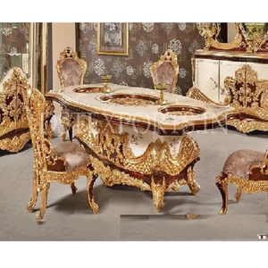 Juego de Comedor de Madera de Teca Maciza de Diseño Francés, Profesional y Lujoso, con Mesa de Comedor Tradicional Tallada - Product Image 1